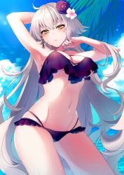 Rule 34 | 1girl, ahoge, armpits, arms up, bikini, blue sky, breasts, cleavage, commentary request, contrapposto, cowboy shot, day, earrings, eyelashes, fate/grand order, fate (series), flower, hair flower, hair ornament, highres, jeanne d&#039;arc (fate), jeanne d&#039;arc alter (avenger) (fate), jeanne d&#039;arc alter (fate), jewelry, long hair, looking at viewer, medium breasts, multi-strapped bikini, navel, neko-san (dim.dream), outdoors, purple bikini, silver hair, sky, solo, standing, swimsuit, underboob, very long hair, water, wet, yellow eyes