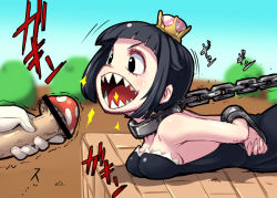 Rule 34 | &gt;:d, 1girl, 4shi, arms behind back, bar censor, bare shoulders, biting, black dress, black eyes, black hair, blue sky, blurry, blurry background, bob cut, bound, bound arms, breast press, breasts, bush, censored, chain, chain chomp, chain leash, chained, cleavage, collar, day, dress, eyelashes, gloves, hair flaps, holding, leash, looking to the side, lying, mario (series), metal collar, mushroom, new super mario bros. u deluxe, nintendo, on stomach, open mouth, personification, phallic symbol, princess chain chomp, sexually suggestive, sharp teeth, short hair, sky, small breasts, solo focus, sound effects, sparks, strapless, strapless dress, super crown, teeth, trembling, v-shaped eyebrows, white gloves