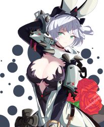 Rule 34 | 1girl, absurdres, ahoge, animal ears, arm behind head, arm up, black choker, blush, breasts, choker, collar, elphelt valentine, eyes visible through hair, fake animal ears, flower, green eyes, guilty gear, guilty gear xrd, highres, parted lips, red flower, red rose, rikihana momo, rose, short hair, signature, solo, spiked collar, spikes, tiara, white background