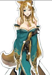 Rule 34 | 1girl, animal ears, bare shoulders, black gloves, breasts, brown hair, cleavage, dog ears, dog girl, dog tail, eyeshadow, genshin impact, gloves, green eyes, green kimono, hair ornament, hews, highres, hina (genshin impact), japanese clothes, kimono, large breasts, long hair, looking at viewer, makeup, one eye closed, open mouth, tail, unfinished, white background
