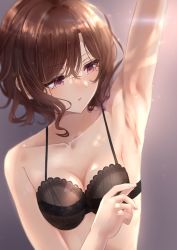 Rule 34 | 1girl, arm up, armpits, black bra, bra, breasts, brown hair, cleavage, collarbone, highres, higuchi madoka, idolmaster, idolmaster shiny colors, lace, lace-trimmed bra, lace trim, light rays, lingerie, mole, mole under eye, purple eyes, shimashi (mori no sato), short hair, small breasts, solo, underwear, underwear only, upper body