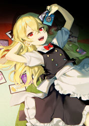 Rule 34 | 100th black market, 1girl, apron, black skirt, black vest, blonde hair, buttons, card, flask, frilled skirt, frills, hair between eyes, highres, holding, holding card, jill 07km, kirisame marisa, long hair, multicolored buttons, no headwear, open mouth, red eyes, round-bottom flask, shirt, short sleeves, signature, skirt, smile, solo, touhou, vest, waist apron, white apron, white shirt