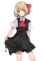 Rule 34 | 1girl, ascot, black dress, blonde hair, breasts, closed mouth, commentary request, contrapposto, dress, eyebrows hidden by hair, feet out of frame, fingernails, hair ribbon, highres, holding, holding clothes, holding skirt, light blush, looking at viewer, makita (vector1525), puffy short sleeves, puffy sleeves, red ascot, red eyes, red ribbon, ribbon, rumia, short hair, short sleeves, signature, simple background, skirt, small breasts, smile, solo, standing, touhou, white background, wing collar