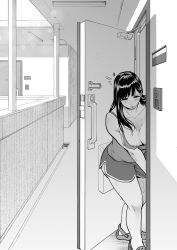 Rule 34 | 1girl, absurdres, apartment, areola slip, breasts, camisole, cleavage, closed mouth, collarbone, crocs, greyscale, highres, housewife, kaniguruma, large breasts, leaning forward, long hair, mature female, monochrome, opening door, original, sandals, short shorts, shorts, solo, sweat