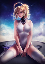 Rule 34 | 1girl, alternate legwear, axsen, blonde hair, blue eyes, breasts, center opening, cleavage, full body, halo, high collar, lips, long hair, looking at viewer, mechanical halo, medium breasts, mercy (overwatch), nose, one-piece swimsuit, overwatch, overwatch 1, ponytail, sitting, solo, star (symbol), starry background, swimsuit, thighhighs, wariza, white thighhighs
