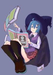 Rule 34 | 00s, 1girl, black thighhighs, blue hair, book, floating, floating object, full body, grimoire, hat, long sleeves, looking at viewer, mahou sensei negima!, miniskirt, miyazaki nodoka, necktie, open book, plaid, plaid skirt, pleated skirt, reading, red skirt, short hair, skirt, solo, thighhighs, witch hat