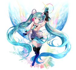 Rule 34 | 1girl, :d, absurdres, aqua eyes, aqua hair, arm strap, arm up, armpits, black thighhighs, blush, boots, camera, frilled gloves, frilled thighhighs, frills, full body, fuzichoco, gloves, hatsune miku, headset, highres, long hair, low wings, multicolored hair, necktie, open mouth, pink hair, skirt, smile, solo, thigh boots, thighhighs, twintails, two-tone hair, very long hair, vocaloid, wings