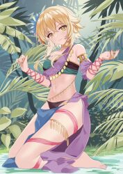 Rule 34 | 1girl, alternate costume, bandeau, barefoot, black bandeau, black panties, blonde hair, breasts, closed mouth, dancer, expressionless, feng shao kky (arj0522), flower, forest, full body, genshin impact, hair between eyes, hair flower, hair ornament, highres, jewelry, kneeling, looking at viewer, lumine (genshin impact), medium breasts, nature, navel, neck ring, panties, red nails, sarong, short hair with long locks, solo, thighs, underwear, yellow eyes