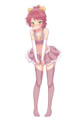 Rule 34 | 1girl, baka to test to shoukanjuu, blush, bow, drawfag, elbow gloves, embarrassed, flat chest, full body, garter straps, gloves, green eyes, hair bow, highres, magical girl, navel, pink skirt, pink thighhighs, red hair, shimada minami, skirt, solo, standing, thighhighs, transparent background, white gloves, yellow bow