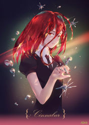 Rule 34 | androgynous, artist name, atdan, black necktie, black shirt, character name, cinnabar (houseki no kuni), closed mouth, expressionless, gender request, glint, hair between eyes, houseki no kuni, light particles, long hair, looking at viewer, looking back, mercury (element), multicolored background, nail polish, necktie, puffy short sleeves, puffy sleeves, red eyes, red hair, red nails, shirt, short sleeves, solo, upper body