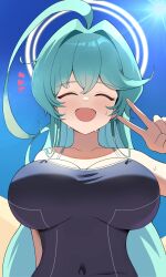 Rule 34 | 1girl, absurdres, abydos high school swimsuit, ahoge, aqua hair, bad id, bad twitter id, black one-piece swimsuit, blue archive, blue sky, blush, breasts, collarbone, covered navel, dalgam12, from below, green hair, halo, highres, huge ahoge, large breasts, long hair, notice lines, official alternate costume, one-piece swimsuit, outdoors, pov, sky, solo, sun, sun glare, sweat, swimsuit, upper body, v, yume (blue archive)