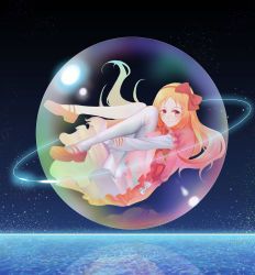Rule 34 | 1girl, absurdres, blonde hair, blush, bow, brown eyes, closed mouth, dress, eromanga sensei, floating hair, frilled sleeves, frills, from side, full body, hairband, highres, hugging own legs, long hair, mary janes, orb, pink dress, pink footwear, pos2457564744, puffy short sleeves, puffy sleeves, red bow, reflection, shoes, short sleeves, smile, solo, very long hair, water, white bow, white legwear, yamada elf