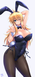 Rule 34 | 1girl, ;o, animal ears, areola slip, arm up, arms behind head, artist name, black pantyhose, blonde hair, blowing kiss, blue bow, blue bowtie, blue eyes, blue leotard, bow, bowtie, breasts, cleavage, commentary, covered navel, cowboy shot, curvy, dated, detached collar, fake animal ears, fake tail, grey background, highleg, highleg leotard, highres, kamogawa tanuki, large breasts, leotard, looking at viewer, one eye closed, original, pantyhose, parted lips, playboy bunny, rabbit ears, rabbit tail, side-tie leotard, signature, simple background, solo, standing, strapless, strapless leotard, tail, wing collar, wrist cuffs
