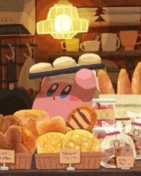 Rule 34 | :o, arms up, baguette, baking, blue eyes, blush stickers, bread, chef hat, chocolate chip cookie, colored skin, commentary, cook kirby, cookie, copy ability, cup, dish rack, food, frying pan, hat, highres, holding, holding tray, indoors, kirby, kirby (series), miclot, mug, nintendo, no humans, open mouth, pink skin, price tag, rag, solo, star (symbol), symbol-only commentary, teacup, tray, white hat