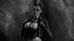 Rule 34 | 1girl, between breasts, braid, braided ponytail, breasts, business suit, capcom, cleavage, crimson viper, crop top, dark background, earrings, formal, greyscale, highres, jacket, jacket partially removed, jewelry, large breasts, long hair, midriff, monochrome, navel, necktie, necktie between breasts, nooblar, street fighter, street fighter iv (series), suit, sunglasses