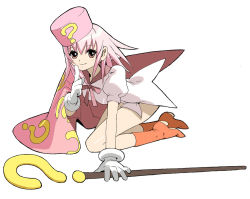 Rule 34 | 1girl, ?, benesse, boots, bow, cape, gloves, hat, hatena yousei, pink eyes, pink hair, pink hat, solo, staff, yasuda akira