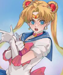 Rule 34 | 1girl, back bow, bishoujo senshi sailor moon, blonde hair, blue background, blue eyes, blue skirt, blue sky, bow, choker, circlet, crescent, crescent choker, crescent earrings, double bun, earrings, eyelashes, film grain, gem, gloves, hair bun, highres, jewelry, large bow, long eyelashes, long hair, looking at viewer, oj 0624, open mouth, pink bow, pink choker, red gemstone, sailor moon, skirt, sky, solo, teeth, tongue, tsukino usagi, twintails, white gloves