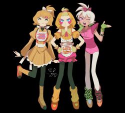 Rule 34 | 3girls, apron, bib, black background, blonde hair, blush stickers, bow, chica, dress, five nights at freddy&#039;s, frilled dress, frills, full body, glamrock chica, gloves, hair bow, half updo, helado jpg, highres, medium hair, multiple girls, personification, pink bow, pink shorts, pink skirt, purple eyes, shorts, simple background, skirt, socks, toy chica, white bow, white hair, yellow dress, yellow gloves, yellow leg warmers, yellow socks