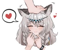 Rule 34 | 1girl, animal ear fluff, animal ears, arknights, braid, closed eyes, commentary, cropped shoulders, english commentary, expulse, grey eyes, grey scarf, hair between eyes, hands up, head chain, headpat, heart, jewelry, leopard ears, leopard girl, long hair, motion lines, portrait, pramanix (arknights), scarf, simple background, smile, speech bubble, spoken heart, twin braids, watch, white background, wristwatch
