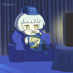 Rule 34 | 1girl, black pantyhose, blue dress, blue footwear, blue hat, blunt bangs, boots, chibi, chips (food), couch, crossed legs, dress, elizabeth (persona), food, food in mouth, food on face, full body, grey hair, hashtag-only commentary, hat, high collar, highres, holding, holding food, indoors, on couch, pantyhose, persona, persona 3, potato chips, short hair, sitting, sleeveless, sleeveless dress, solo, television, twitter username, watching television, yellow eyes, yokaroni