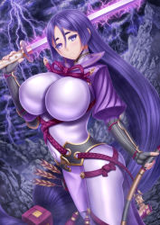 Rule 34 | 1girl, absurdly long hair, bodysuit, breasts, cleavage, dutch angle, fate/grand order, fate (series), highres, impossible bodysuit, impossible clothes, large breasts, long hair, looking at viewer, masatoki, minamoto no raikou (fate), navel, outdoors, purple eyes, purple hair, smile, solo, sword, thunder, very long hair, weapon