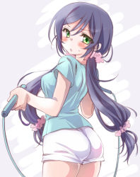 Rule 34 | 10s, 1girl, ass, blush, breasts, casual, from behind, green eyes, jump rope, long hair, looking at viewer, love live!, love live! school idol festival, love live! school idol project, medium breasts, purple hair, seidou (tukinomiyako), shirt, shorts, sketch, solo, sweat, t-shirt, tojo nozomi, twintails