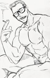 Rule 34 | 1boy, abs, bara, billy russell (dickfish), cigarette, completely nude, convenient leg, dickfish (fishismdick), facial hair, feet out of frame, glasses, highres, holding, holding cigarette, large pectorals, male focus, male pubic hair, mature male, muscular, muscular male, mustache, navel, navel hair, nipples, nude, original, pectorals, pubic hair, scan, scar, short hair, sideburns, sitting, sketch, smoke, solo, stomach, thighs, traditional media