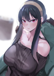 Rule 34 | 1girl, bad id, bad pixiv id, bare shoulders, black hair, black shirt, breasts, collarbone, earrings, gold earrings, hairband, highres, jewelry, large breasts, lips, looking at viewer, noto kurumi, off-shoulder shirt, off shoulder, parted lips, red eyes, shirt, sitting, solo, spy x family, upper body, yor briar