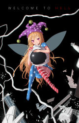 Rule 34 | 1girl, american flag dress, american flag legwear, black background, blonde hair, blue dress, blush, clownpiece, commentary request, dress, english text, full body, grin, hat, helmet, highres, holding, holding helmet, jester cap, looking at viewer, no shoes, pantyhose, polka dot headwear, purple hat, red dress, red eyes, roke (taikodon), satellite, short sleeves, simple background, smile, solo, space helmet, spacecraft, star (symbol), star print, striped clothes, striped dress, striped pantyhose, thighs, touhou
