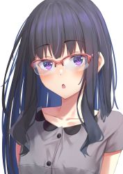 Rule 34 | 1girl, absurdres, black hair, blue hair, blush, chestnut mouth, collarbone, colored inner hair, glasses, grey shirt, highres, inoue takina, long hair, looking at viewer, lycoris recoil, multicolored hair, open mouth, over-rim eyewear, purple eyes, red-framed eyewear, semi-rimless eyewear, shirt, short sleeves, simple background, solo, starkamisan, two-tone hair, upper body, white background