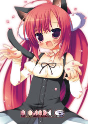 Rule 34 | 1girl, :d, ahoge, animal ears, cat ears, cat tail, choker, fang, looking at viewer, open mouth, original, petals, red eyes, red hair, ribbon choker, sazaki ichiri, smile, solo, tail, twintails