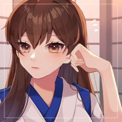 Rule 34 | 1girl, alternate hairstyle, brown eyes, brown hair, close-up, commentary request, hair down, japanese clothes, kaga (kancolle), kantai collection, kozu (bloomme1 me), lips, long hair, looking at viewer, solo, tasuki, upper body