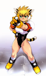 Rule 34 | 1girl, animal ears, bare legs, blonde hair, eyebrows, ez6, fang, gloves, green eyes, hand on own hip, highres, hip focus, leotard, muscular, non-web source, original, short hair, socks, solo, tail, thick eyebrows, thighs, tiger ears, tiger tail