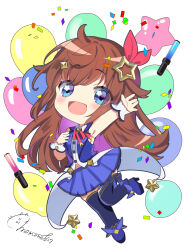 Rule 34 | 1girl, :d, ankle boots, blue eyes, blue footwear, blue skirt, blue thighhighs, blue vest, blush, boots, bow, bowtie, brown hair, chibi, chibi only, collared shirt, commentary request, confetti, cropped shirt, diamond hair ornament, fold-over boots, full body, glowstick, hair flaps, hair ornament, hair ribbon, hairclip, hand on own chest, hand up, high heel boots, high heels, highres, hololive, leg ribbon, long hair, looking at viewer, miniskirt, momone cco, open mouth, penlight (glowstick), pleated skirt, red bow, red bowtie, red ribbon, ribbon, shirt, signature, skirt, sleeveless, sleeveless shirt, smile, solo, star (symbol), star balloon, star hair ornament, thigh ribbon, thighhighs, tokino sora, tokino sora (1st costume), vest, virtual youtuber, waist cape, white shirt, wrist cuffs