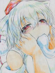 Rule 34 | 1girl, animal ears, bad id, bad pixiv id, bare shoulders, blush, colored pencil (medium), detached sleeves, eating, hands on another&#039;s face, hat, highres, inubashiri momiji, kitazinger, red eyes, short hair, solo, solo focus, tokin hat, touhou, traditional media, white hair, wolf ears