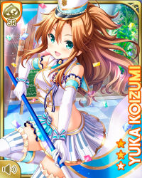 Rule 34 | 1girl, bow, brown hair, butterfly hair ornament, card, character name, confetti, day, girlfriend (kari), green bow, green eyes, hair ornament, hairclip, koizumi yuka (gf kari), marching band, official art, open mouth, outdoors, pleated skirt, ponytail, qp:flapper, shirt, skirt, smile, solo, striped, striped bow, tagme, thighhighs, white shirt, white skirt, white thighhighs
