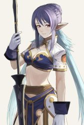 Rule 34 | 1girl, blue bra, blue hair, bra, breasts, cleavage, closed mouth, cowboy shot, fagi (kakikaki), gloves, holding, holding polearm, holding weapon, judith (tales), long hair, looking at viewer, low twintails, medium breasts, midriff, multicolored hair, navel, pointy ears, polearm, purple hair, red eyes, short sleeves, shrug (clothing), simple background, smile, solo, stomach, tales of (series), tales of vesperia, twintails, two-tone hair, underwear, very long hair, weapon, white background, white gloves