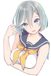 Rule 34 | 1girl, adapted costume, bare arms, blue eyes, breasts, cropped torso, hair ornament, hairclip, hamakaze (kancolle), highres, holding, holding hair, kantai collection, large breasts, looking at viewer, open mouth, sailor collar, short hair, silver hair, simple background, smile, solo, tebi (tbd11), white background, yellow neckwear