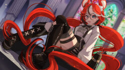Rule 34 | 1girl, ahoge, animal ears, black-framed eyewear, black footwear, black hair, black shorts, blue eyes, boots, glasses, hakos baelz, hakos baelz (4th costume), highres, hiro (phese), hololive, hololive english, long hair, looking at viewer, mouse ears, mouse girl, mr. squeaks (hakos baelz), multicolored hair, official alternate costume, open mouth, red hair, shirt, shorts, smile, solo, streaked hair, suspender shorts, suspenders, thigh boots, thigh strap, twintails, very long hair, virtual youtuber, white hair, white shirt