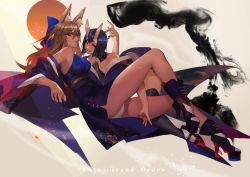 Rule 34 | 2girls, absurdres, animal ears, bare shoulders, black hair, brown hair, copyright name, detached sleeves, fate/grand order, fate (series), fox ears, full body, guiguz, highres, horns, japanese clothes, legs, long hair, looking at viewer, multiple girls, oni, short hair, shuten douji (fate), tamamo (fate), tamamo no mae (fate/extra)