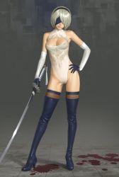 Rule 34 | 1girl, blindfold, blood, blood splatter, boots, breasts, cleavage, covered erect nipples, elbow gloves, full body, gloves, gluteal fold, hairband, hand on own hip, high heel boots, high heels, holding, holding sword, holding weapon, leotard, nier (series), nier:automata, see-through, short hair, silver hair, solo, standing, sword, thigh boots, thigh gap, thighhighs, watanabe yasuaki, weapon, 2b (nier:automata)