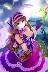 Rule 34 | 1girl, basket, breasts, brown hair, cleavage, detached collar, devil maker, dress, frilled umbrella, frills, gloves, green eyes, hairband, lace, lace-trimmed dress, lace trim, lolita fashion, lolita hairband, long hair, looking up, medium breasts, purple gloves, rain, rozer, solo, strapless, strapless dress, umbrella, upset, wavy hair