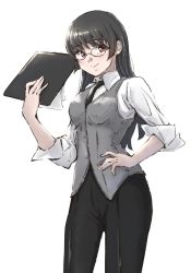 Rule 34 | 1girl, alternate costume, black hair, black pants, choukai (kancolle), clipboard, commentary request, cowboy shot, dress shirt, glasses, grey vest, highres, kantai collection, ld (luna dial398), long hair, looking at viewer, one-hour drawing challenge, pants, paper, red eyes, rimless eyewear, shirt, simple background, sleeves rolled up, solo, vest, white background, white shirt