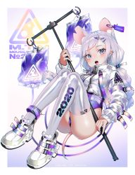 Rule 34 | 1girl, 2020, animal ears, braid, cropped jacket, earrings, hair ornament, hairclip, highres, holding, intravenous drip, jacket, jewelry, leotard, open mouth, original, purple eyes, purple leotard, pyonsuke (pyon2 mfg), shoes, sitting, sneakers, solo, strap, stud earrings, thighhighs, twintails, white footwear, white hair, white jacket, white thighhighs