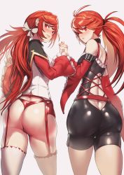 Rule 34 | 2girls, :o, absurdres, ass, bad id, bad pixiv id, bare shoulders, belt, blush, bow, butt crack, capelet, commentary, detached sleeves, dimples of venus, drawing, dungeon and fighter, from behind, garter belt, garter straps, hair bow, halterneck, highres, holding hands, jin rou, long hair, looking at viewer, looking back, mage (dungeon and fighter), multiple girls, red eyes, red hair, shoulder blades, skin tight, skindentation, smile, thighhighs, thong, twintails, white background, white bow, wide sleeves