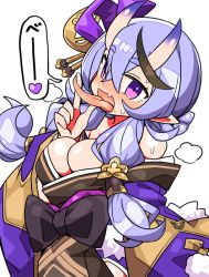Rule 34 | 1girl, bare shoulders, blue hair, blush, breasts, commentary request, crossed bangs, fang, heart, horns, japanese clothes, kanikama, kimono, large breasts, long hair, long sleeves, long tongue, looking at viewer, low twintails, nijisanji, oni, pointy ears, purple eyes, rindou mikoto, skin-covered horns, solo, speech bubble, steam, sweat, tongue, tongue out, twintails, virtual youtuber