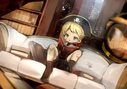 Rule 34 | 1boy, bad id, bad pixiv id, black socks, blonde hair, blue eyes, blush, book, child, couch, full body, hat, highres, male focus, original, pirate hat, reading, sailor collar, shirokujira, sitting, socks, solo, thought bubble