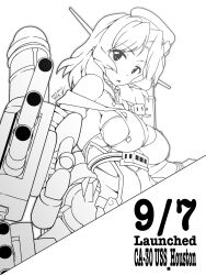 Rule 34 | 1girl, 547th sy, breasts, cannon, character name, creature, headgear, highres, houston (kancolle), kantai collection, large breasts, lineart, looking at viewer, machinery, medium hair, military uniform, monochrome, smokestack, turret, uniform, upper body