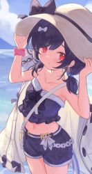Rule 34 | 1girl, absurdres, animal, animal on shoulder, bag, bare arms, bare shoulders, beads, belt, black bow, black hair, black shirt, bow, collarbone, commentary, cowboy shot, granblue fantasy, hair beads, hair ornament, hand on headwear, hands up, hat, hat bow, highres, jacket, jacket on shoulders, klaius, light blush, looking at viewer, medium hair, midriff, mouse (animal), navel, pink scrunchie, red eyes, scrunchie, shirt, short shorts, short twintails, shorts, shoulder bag, solo, strapless, strapless shirt, sun hat, swept bangs, twintails, vikala (granblue fantasy), white jacket, wrist scrunchie