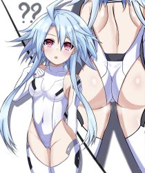 Rule 34 | 1girl, ass, bare shoulders, blue hair, blush, bodysuit, breasts, elbow gloves, from behind, gloves, highres, leggings, long glove, long hair, looking at viewer, medium breasts, neptune (series), open mouth, red eyes, small breasts, stiris rangetsu, white bodysuit, white gloves, white heart (neptunia), white leggings